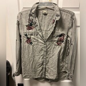 For The Republic Gray Button Down with Embroidered Detail